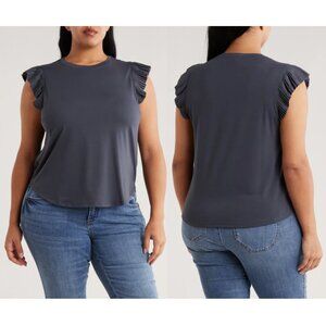 NWT New Democracy Pleated Sleeve Mixed Media Orion Blue T-Shirt Size 3X